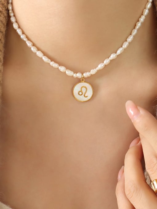 P1317 Lion Gold Necklace Titanium Steel Freshwater Pearl Constellation Vintage Necklace