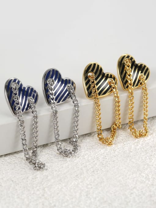 Clioro Brass Enamel Heart Chain Tassel Vintage Drop Earring
