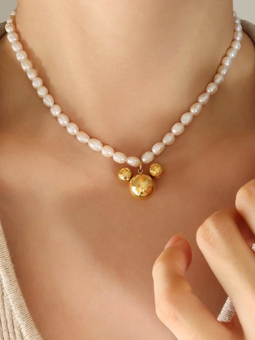 P1330 Gold Large Necklace 37+ 7cm Titanium Steel Freshwater Pearl Round Vintage Necklace