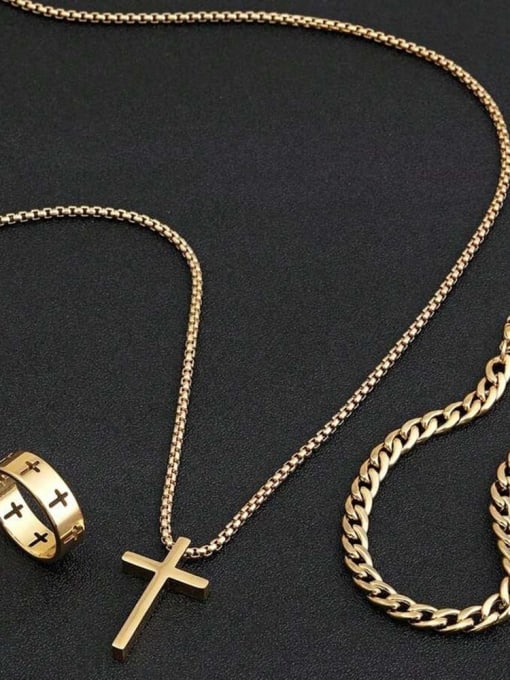 Three piece set in gold Trend Cross Titanium Steel Ring Bracelet and Necklace Set