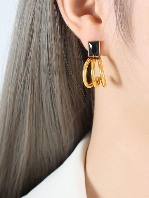 F813 Gold Black Glass Stone Earrings Titanium Steel Cubic Zirconia Geometric Vintage Stud Earring