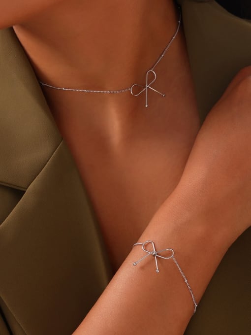 MAKA Titanium Steel Minimalist Bowknot  Bracelet and Necklace Set 1
