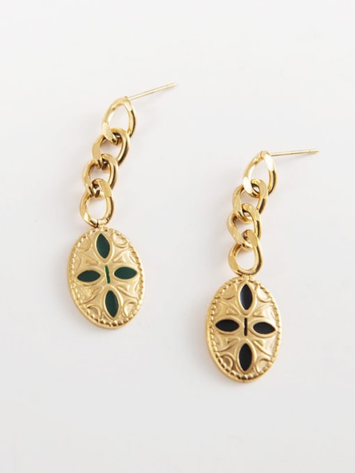Green Fashion four leaf flower chain oval retro relief Earrings
