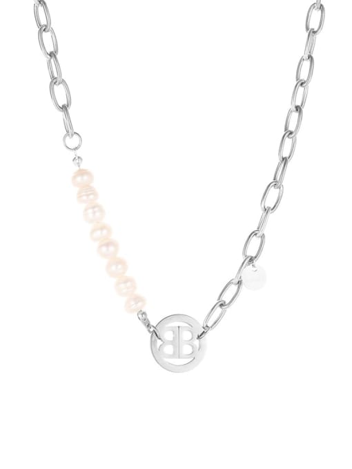 SN21111116S Titanium Steel Freshwater Pearl Geometric Vintage Necklace