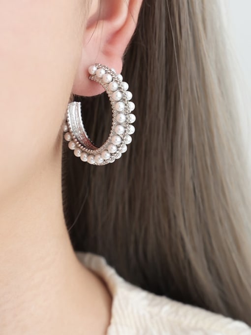 F920 Steel Color Earrings Titanium Steel Imitation Pearl Round Trend Hoop Earring