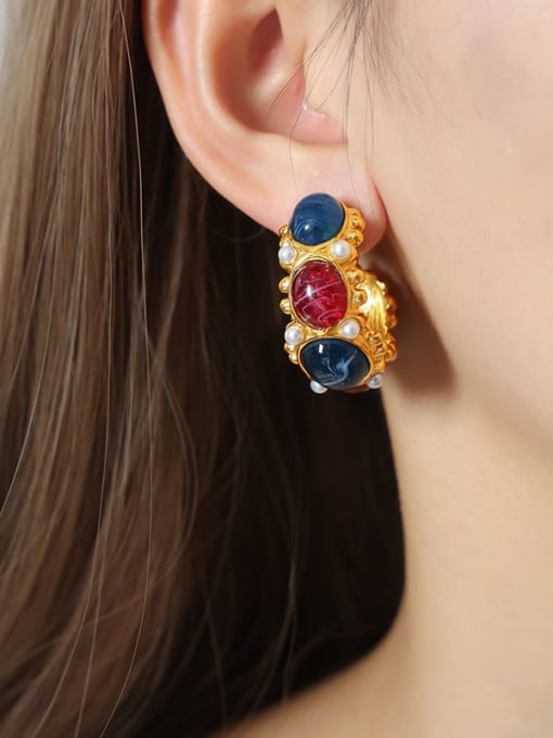F1006 Gold Red Blue Resin Earrings Titanium Steel Imitation Pearl Geometric Trend Stud Earring