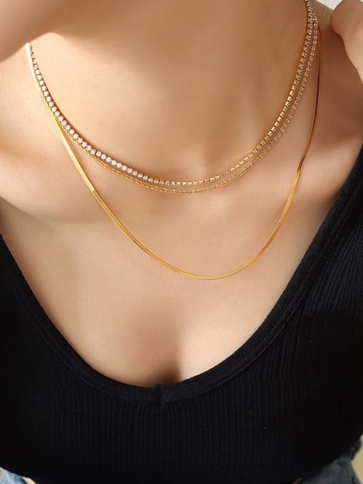 P1243 Gold three-layer necklace Titanium Steel Cubic Zirconia Geometric Hip Hop Multi Strand Necklace