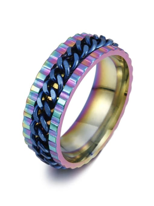 Colorful Ring Blue Chain Stainless steel Geometric Hip Hop Band Chain Turning Ring