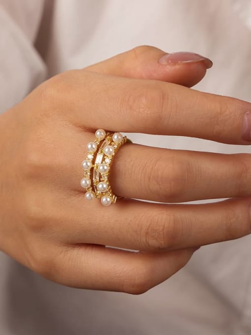 A645 Gold Brass Imitation Pearl Geometric Minimalist Stackable Ring