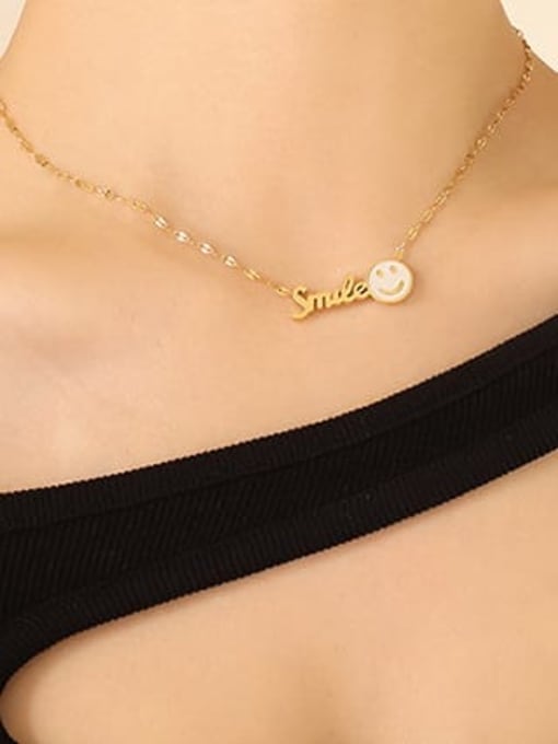 P689 golden white Seashell   40 +5cm Titanium Steel Smiley Minimalist  Letter Pendant Necklace
