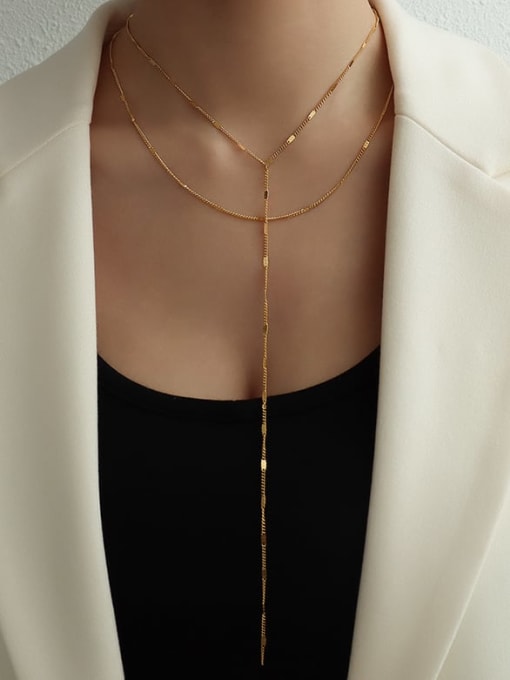 Long and short suit gold Titanium 316L Stainless Steel Tassel Minimalist Lariat Necklace with e-coated waterproof