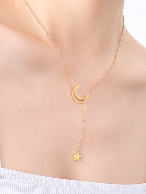 P315 Gold Star Moon Necklace 48CM Titanium Steel Tassel Minimalist Lariat Necklace