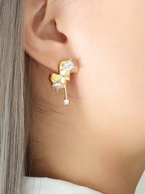 F212 Gold Earrings Brass Cubic Zirconia Heart Minimalist Stud Earring