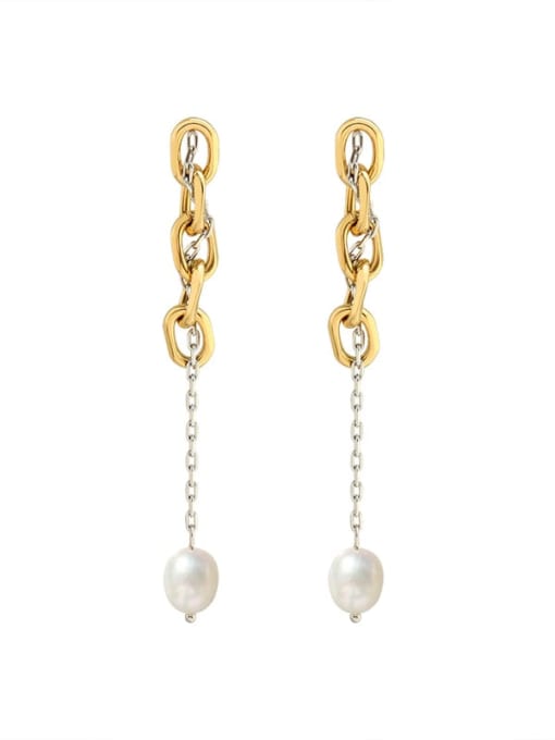 gold Titanium 316L Stainless Steel Imitation Pearl Tassel Artisan Threader Earring with e-coated waterproof