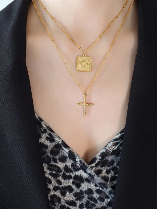 P695 Gold double-layer necklace Titanium Steel Cross Minimalist Multi Strand Necklace