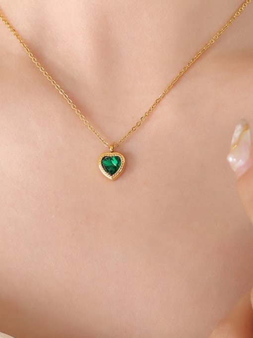 P425 green zircon gold necklace 40 +5cm Titanium Steel Glass Stone Vintage Heart Earring and Necklace Set