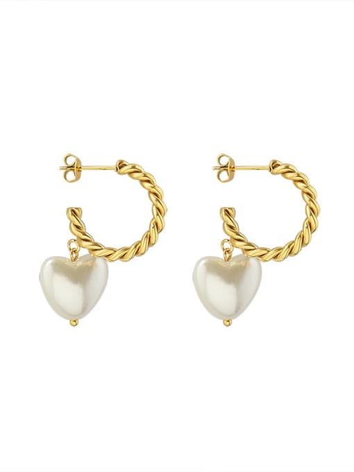 gold Titanium 316L Stainless Steel Freshwater Pearl Heart Minimalist Drop Earring with e-coated waterproof