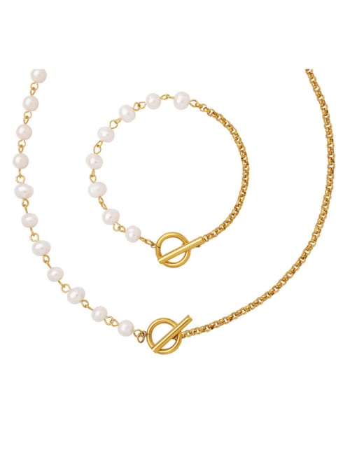 MAKA Hip Hop Geometric Titanium Steel Freshwater Pearl Bracelet and Necklace Set 0