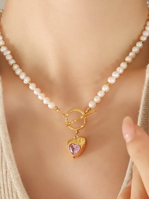 P1329  gold+Pueple 40cm Titanium Steel Freshwater Pearl Heart Minimalist Necklace