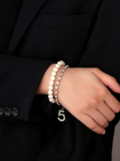 Clioro Brass Imitation Pearl Number Dainty Strand Bracelet 2