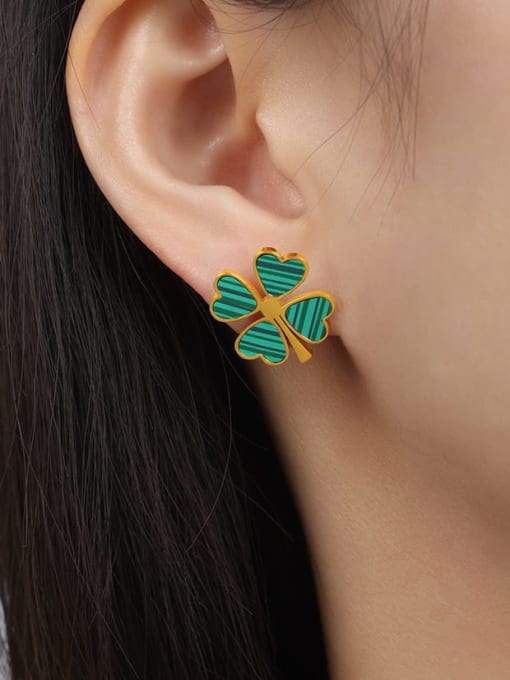 F1375 Golden Turquoise Earrings Titanium Steel Enamel Minimalist Clover  Earring Bracelet and Necklace Set