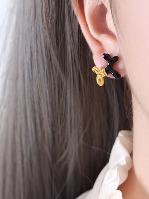 F914 Black Drop Oil Gold Earrings Titanium Steel Enamel Geometric Minimalist Stud Earring