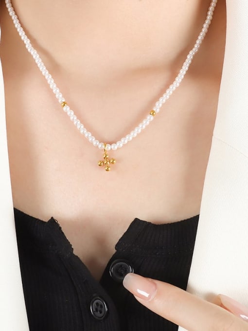 Gold Imitation Pearl Necklace 40 +5cm Titanium Steel Imitation Pearl Cross Trend Necklace