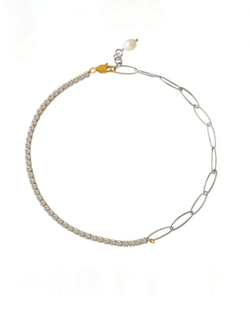 P337 steel splicing zircon necklace 43cm Titanium Steel Cubic Zirconia Geometric Vintage  Asymmetrical Chain Necklace