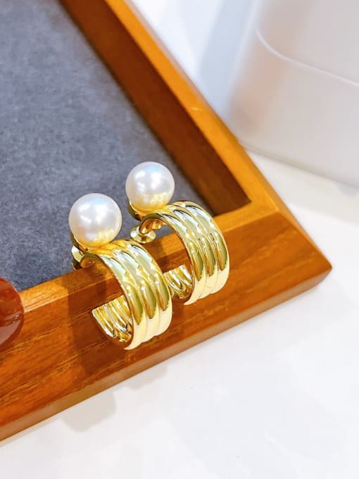 H01086 Gold Brass Imitation Pearl Geometric Vintage Stud Earring