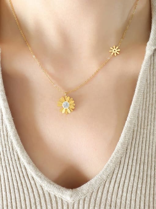 P784 Gold necklace 40+ 5cm Titanium Steel Cubic Zirconia Flower Minimalist Necklace