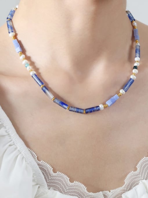 P1730  blue 42 +5cm Titanium Steel Natural Stone Multi Color Irregular Hip Hop Beaded Necklace