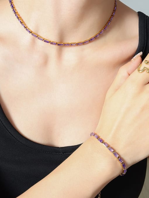 P1192 purple zircon gold necklace 35+5cm Trend Titanium Steel Cubic Zirconia Bracelet and Necklace Set