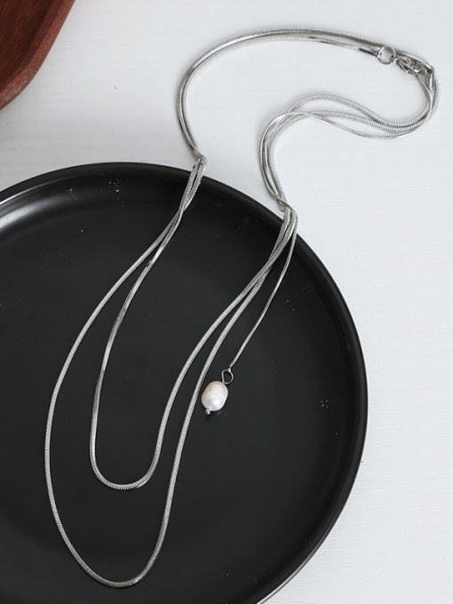 MAKA Titanium Steel Freshwater Pearl Tassel Dainty Long Strand Necklace 3
