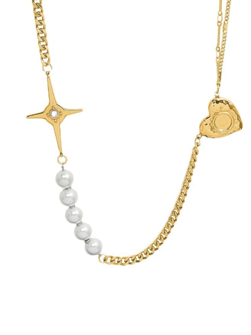 P1114 gold necklace 48 +5cm Titanium Steel Imitation Pearl Heart Hip Hop Necklace