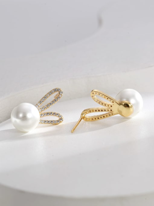 H01219 Gold Brass Imitation Pearl Rabbit Cute Stud Earring