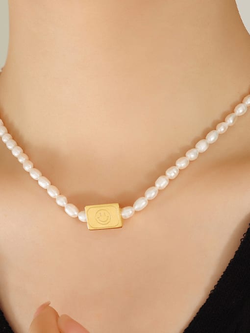 P1323 Gold Necklace 42+ 5cm Titanium Steel Freshwater Pearl Geometric Vintage Necklace