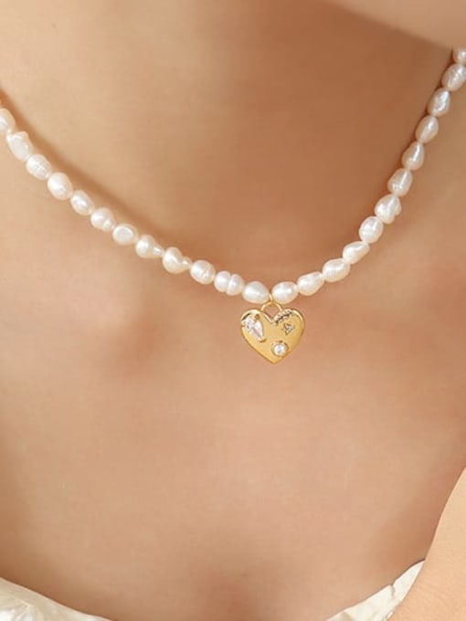 P1256 Freshwater Pearl Necklace 37 +8cm Brass Freshwater Pearl Heart Vintage Beaded Necklace