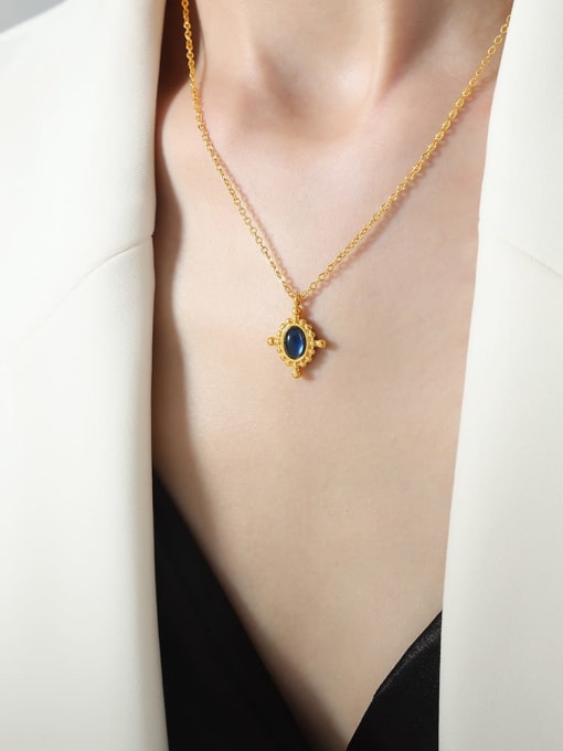 Gold Deep Blue Agate Necklace 40+ 5cm Titanium Steel Cubic Zirconia Geometric Vintage Necklace