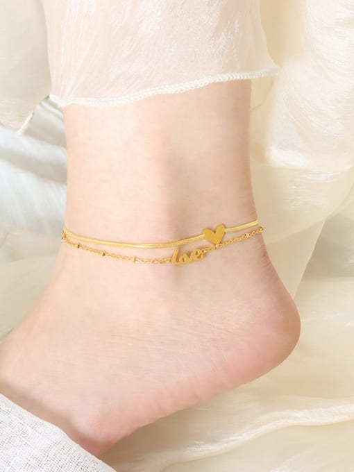 S119 Gold Double Layer Feet Chain Titanium Steel Heart Dainty Anklet