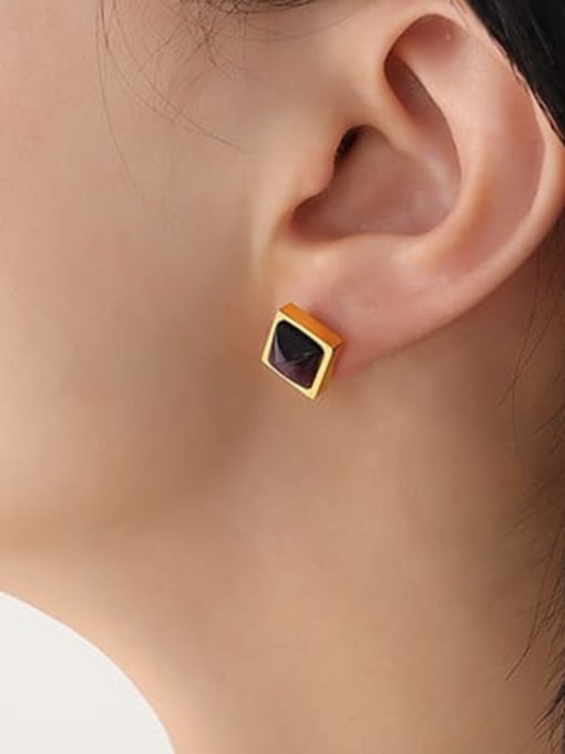 F097 dark purple gold earrings Titanium Steel Tiger Eye Geometric Minimalist Stud Earring
