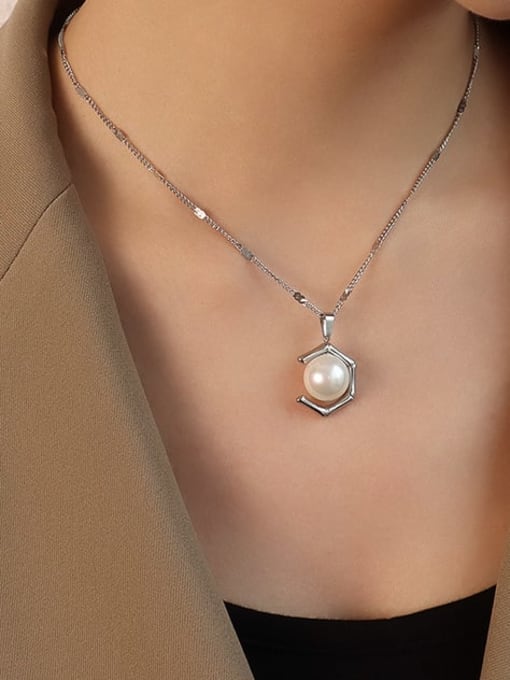 steel  Necklace 40+5cm Stainless steel Imitation Pearl  Vintage Geometric Earring and Necklace Set with e-coated waterproof