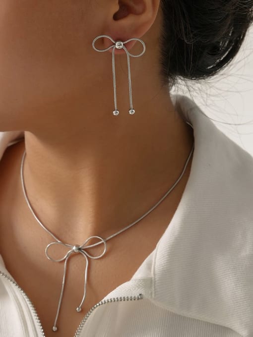 MAKA Titanium Steel Minimalist Bowknot Tassel Earring and Necklace Set 2