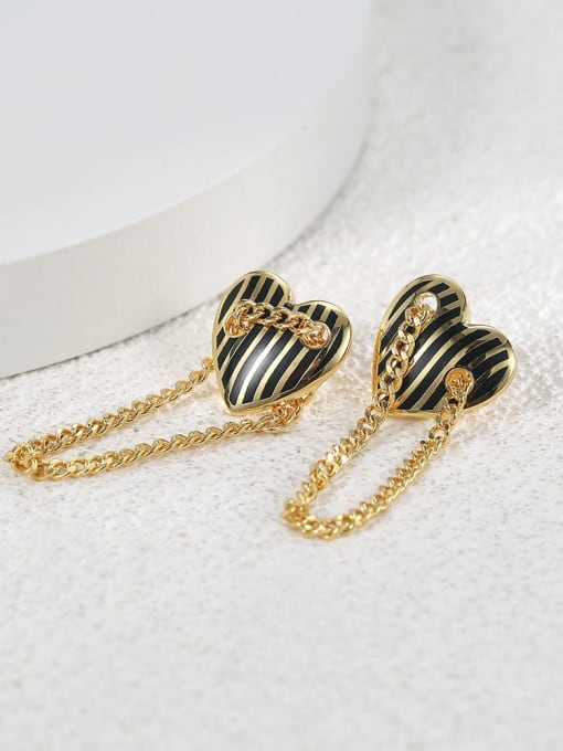H00919 Gold Brass Enamel Heart Chain Tassel Vintage Drop Earring