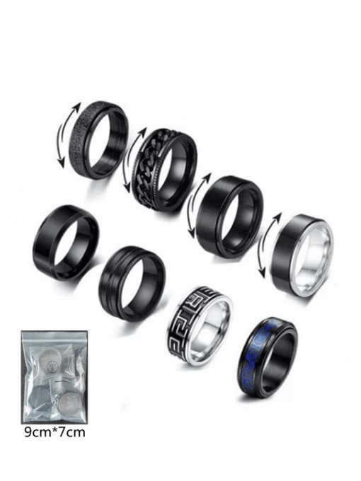 Black 8-piece set ring Titanium Steel Geometric Hip Hop Stackable Ring Set