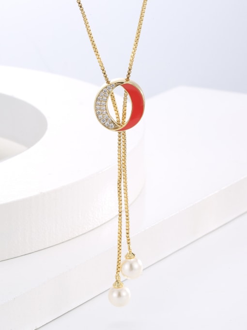 H00733 Gold Brass Cubic Zirconia Enamel Tassel Long Strand Necklace