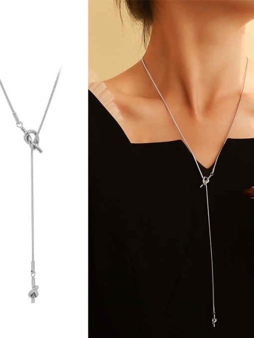 Steel color sweater chain 65cm Titanium 316L Stainless Steel Tassel Minimalist Lariat Necklace with e-coated waterproof