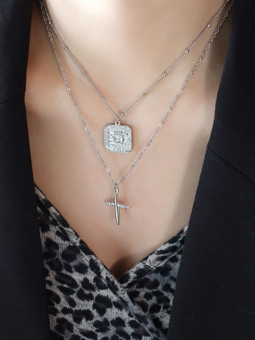 P695 Steel color double-layer necklace Titanium Steel Cross Minimalist Multi Strand Necklace
