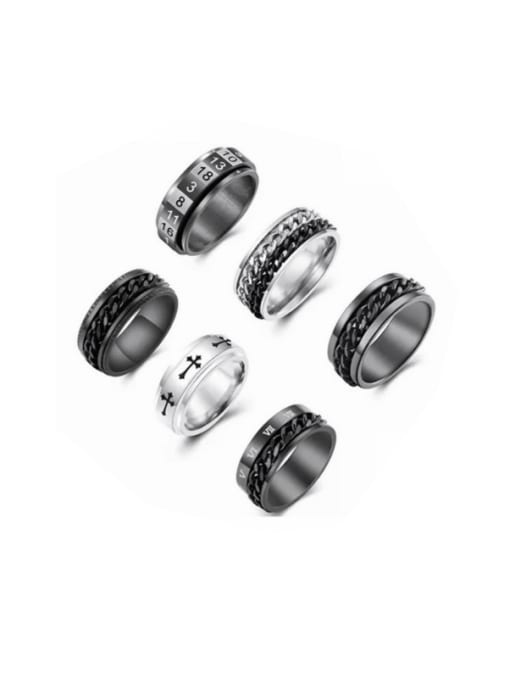 6-piece set Stainless Steel Geometric Hip Hop Stackable Men's Ring Set