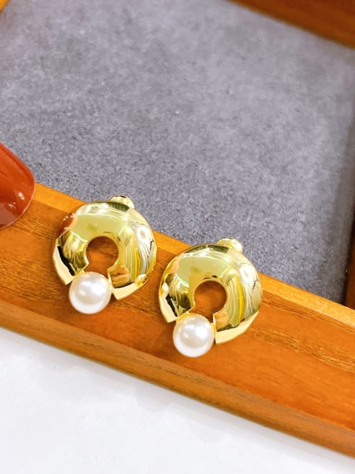 H00787 gold Brass Imitation Pearl Round Minimalist Stud Earring
