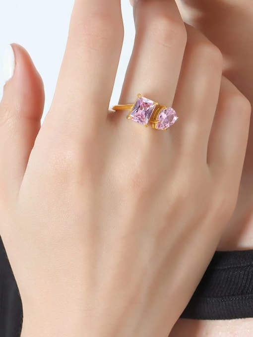 A491 Gold Pink Crystal Zirconia Ring Titanium Steel Cubic Zirconia Geometric Dainty Band Ring